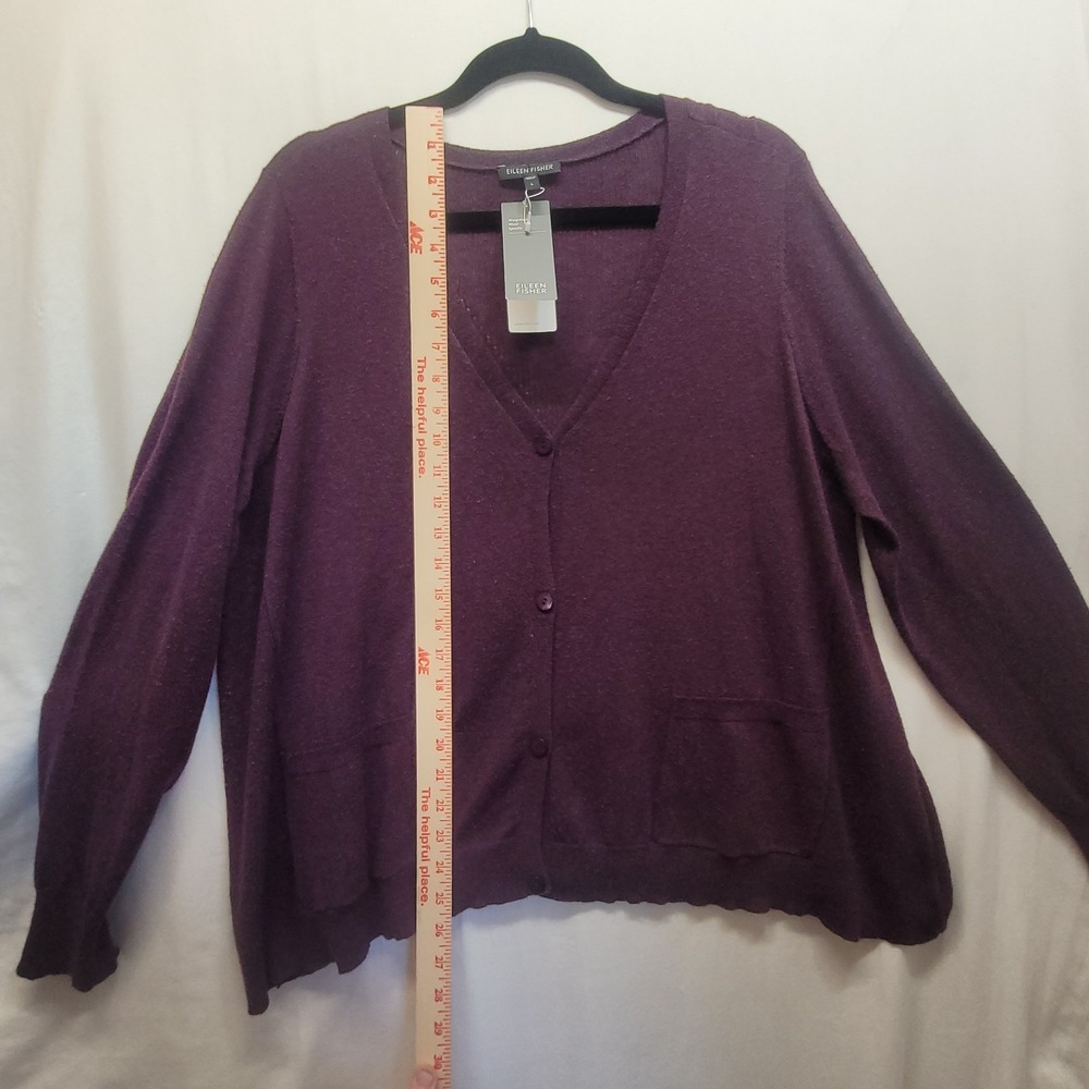 NWT Eileen Fisher LG Purple Plum Speckle Knit V Neck Cardigan Sweater Wool Silk - Picture 16 of 16
